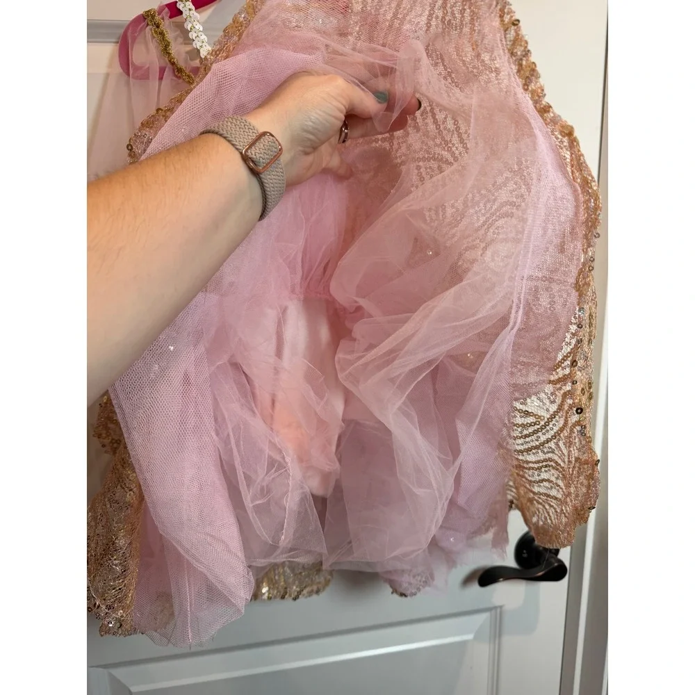 Pink Gold Sequin Dance Costume Tutu  Sheer Long Sleeves Kids Performance Comp MC